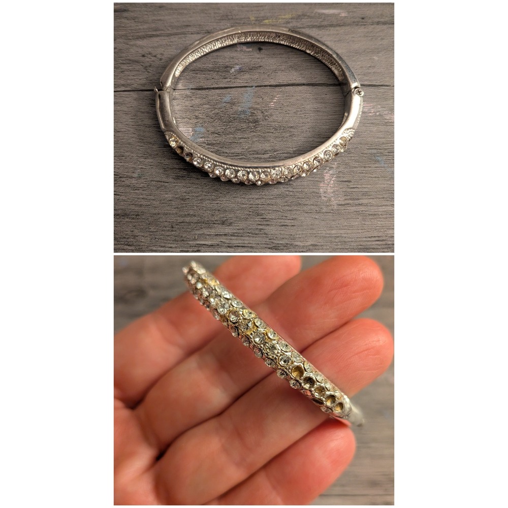 Vintage Silver Tone Rhinestone Hinged Bangle Bracelet Pavé Formal Glamour